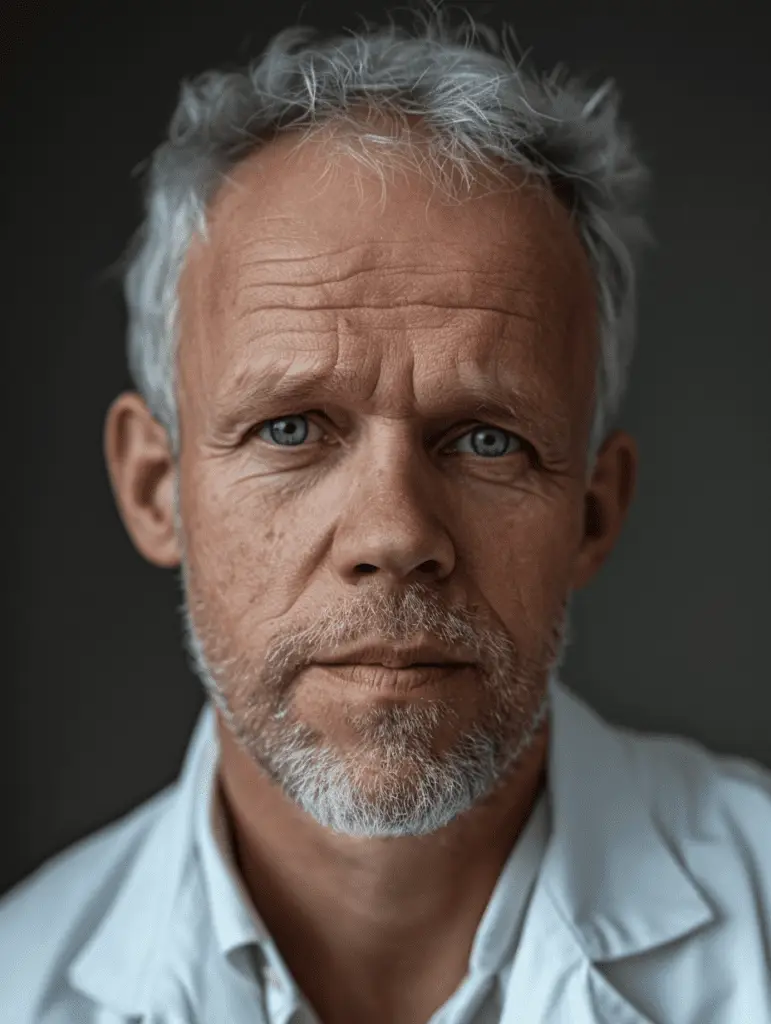 Portrait of a man with thinning gray hair and a beard, wearing a white coat and looking directly at the camera.