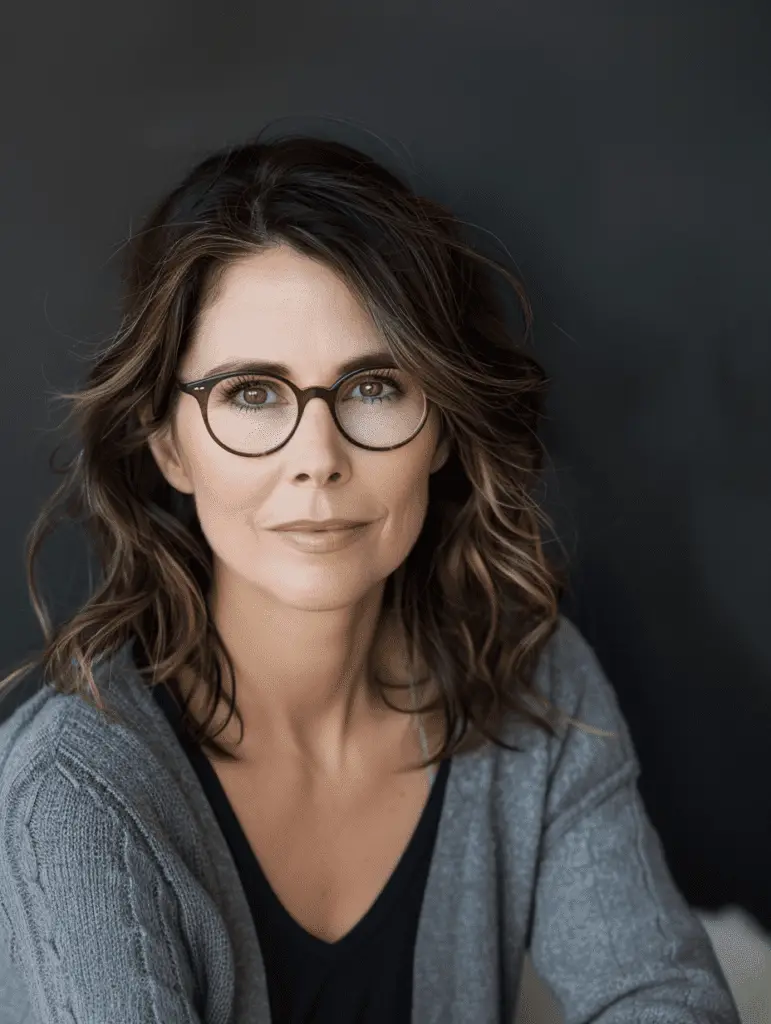 Portrait of a woman with wavy brown hair and glasses, wearing a gray cardigan and looking directly at the camera.