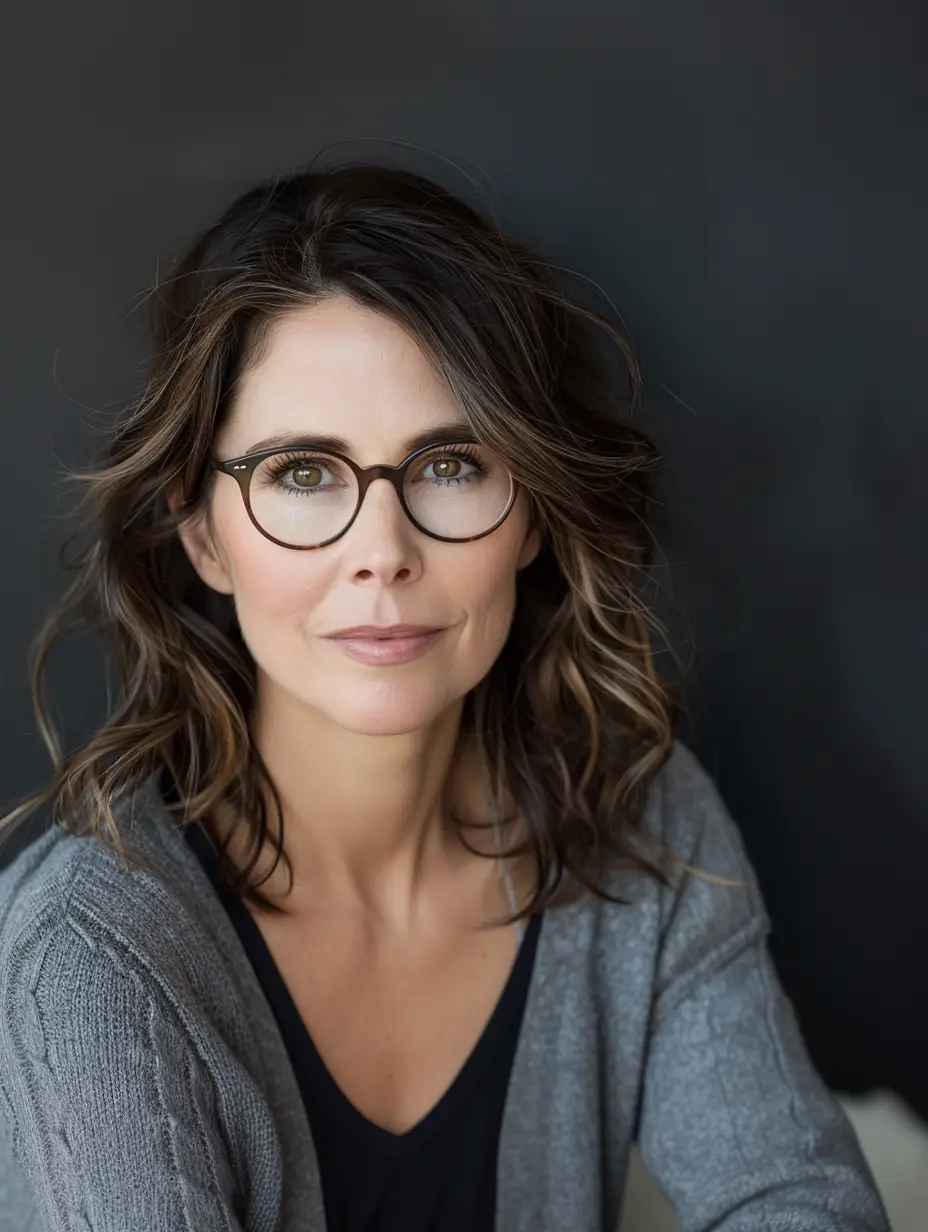 Portrait of a woman with wavy brown hair and glasses, wearing a gray cardigan and looking directly at the camera.