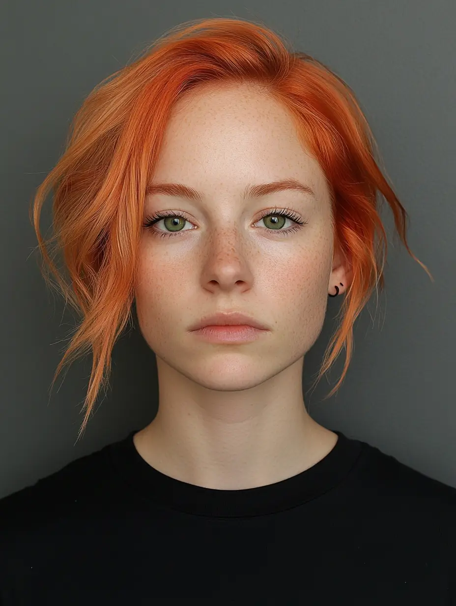 Portrait of a young woman with short, wavy orange hair, wearing a black shirt and looking directly at the camera