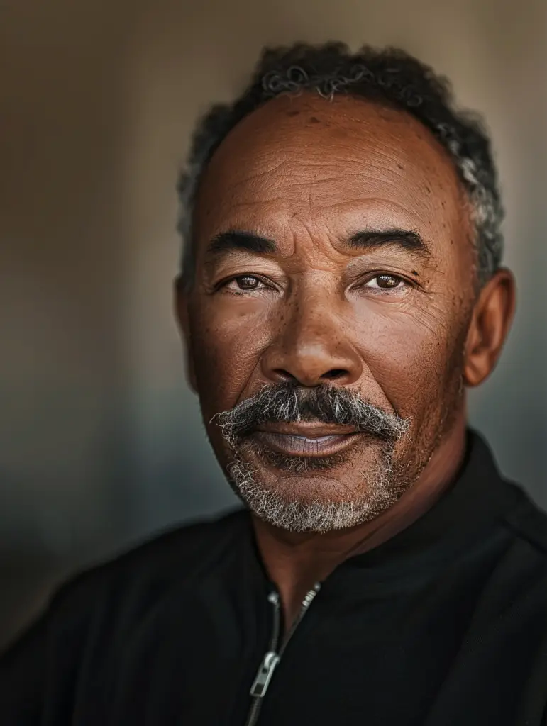 Portrait of an older man with short curly gray hair and a mustache, wearing a black jacket and looking directly at the camera.