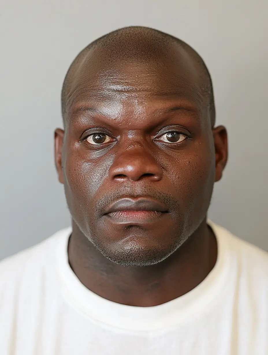 Portrait of a man with a shaved head, wearing a white shirt and looking directly at the camera