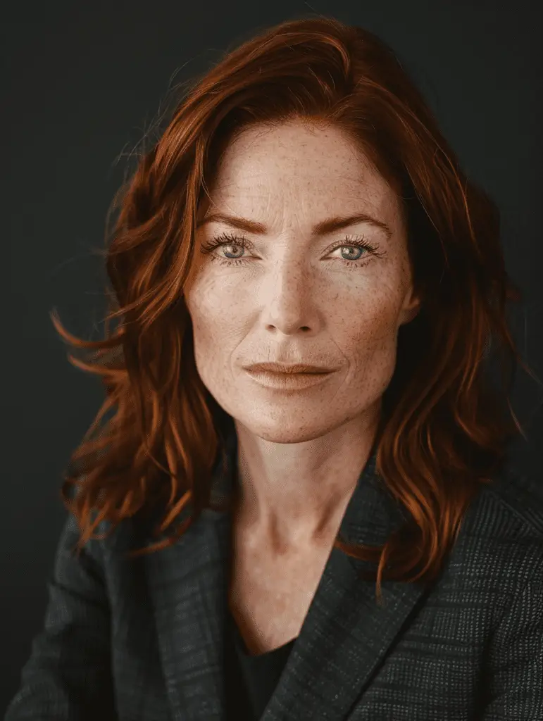 Portrait of a woman with red hair and green eyes, wearing a dark blazer and looking directly at the camera.