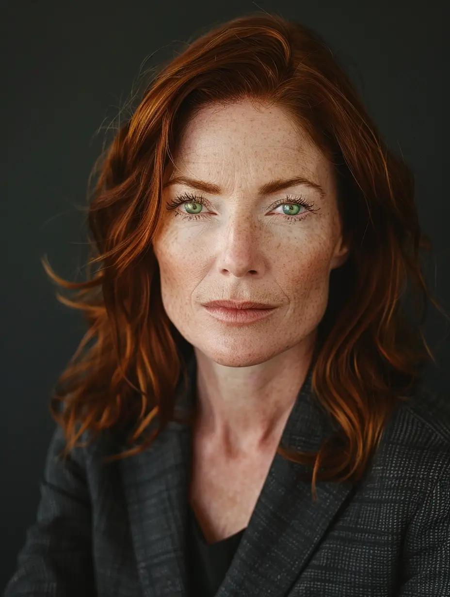 Portrait of a woman with red hair and green eyes, wearing a dark blazer and looking directly at the camera.