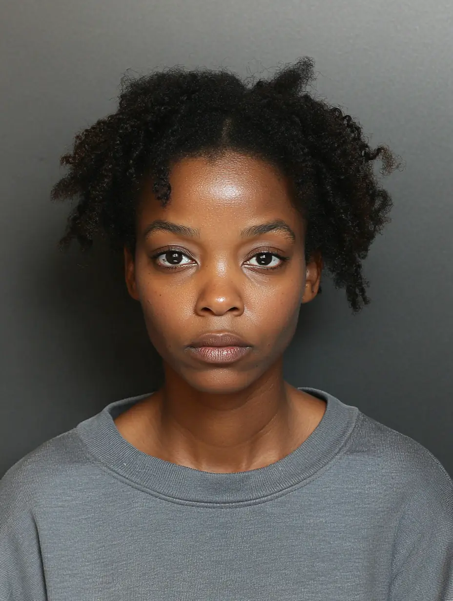 Portrait of a woman with short natural hair, wearing a gray shirt and looking directly at the camera