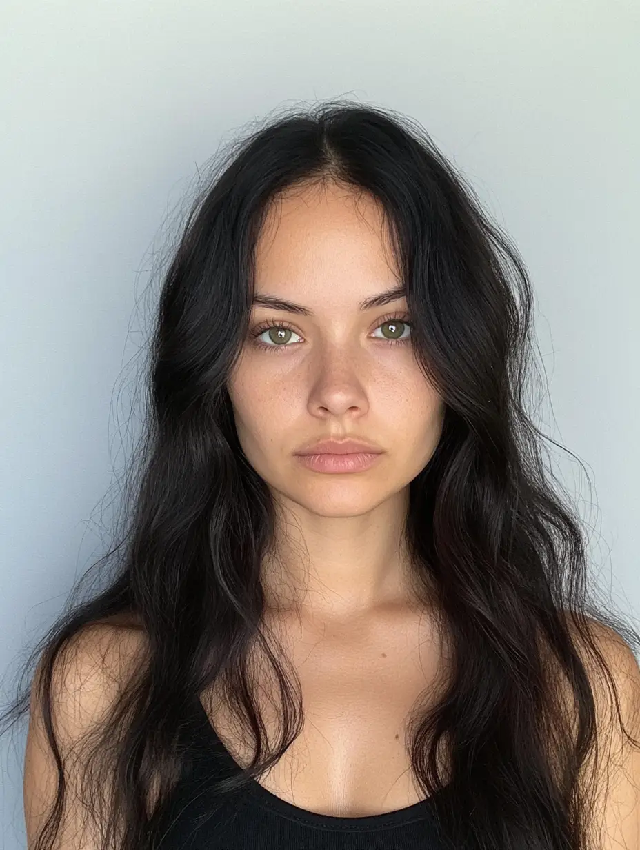 Portrait of a young woman with long, wavy dark hair, wearing a black tank top and looking directly at the camera