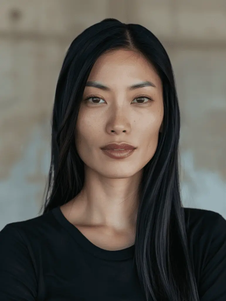 Portrait of a woman with long black hair, wearing a black shirt and looking directly at the camera.