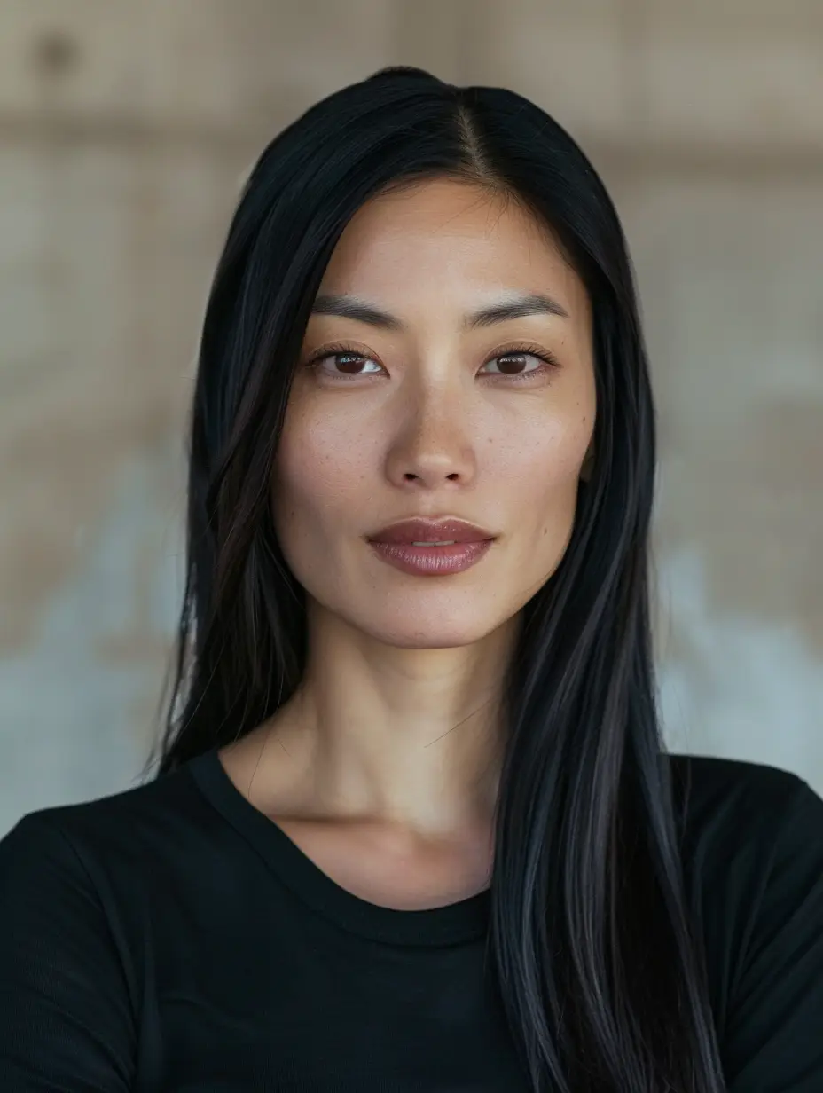 Portrait of a woman with long black hair, wearing a black shirt and looking directly at the camera.