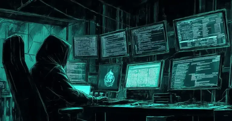 A shadowy hacker sitting in front of a bank of computer monitors